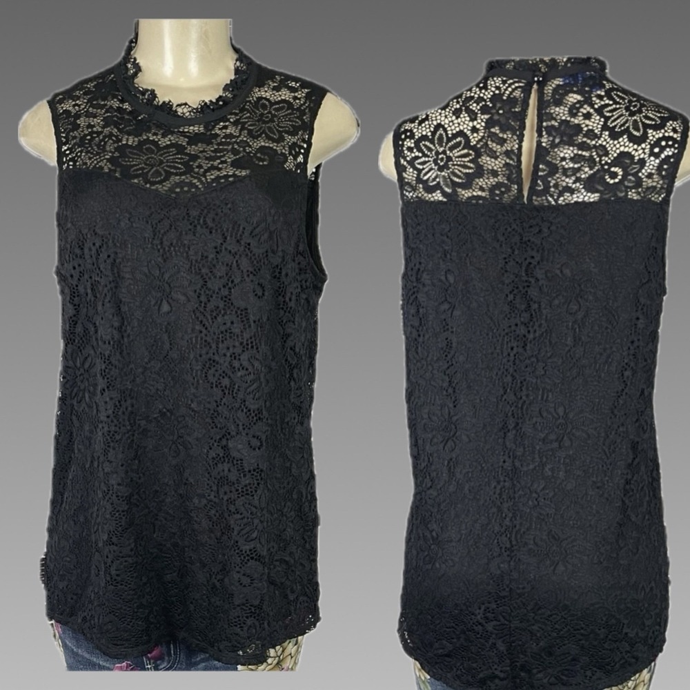 Apt. 9 L Black Floral Lace Lined Mock Neck Sleeveless Blouse Button Keyhole Back